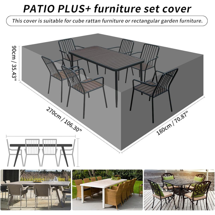 Чохол для садових меблів Rattan Würfel, 420D, водонепроникний, анти-UV, чорний 125x125x71 см (270x180x90 см)