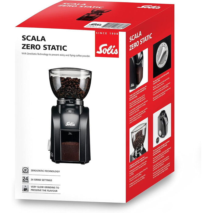 Електрична кавомолка Solis Scala Zero Static 1662, 24 ступені помолу, захист від статики, контейнер 300 г, чорна, для еспресо та кави