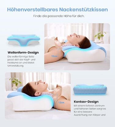 Ортопедична подушка з піни Memory Foam 2-в-1 для сну на боці, спині та животі, 60x41.5x10/12 см (Біло-синя)