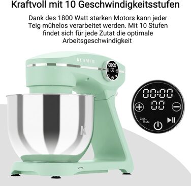 Кухонний комбайн KLAMER 1800W, планетарний міксер для тіста з чашею 6л з нержавіючої сталі, 10 швидкостей, таймером та набором насадок (Premium Mint)