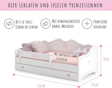 Дитяче ліжко Kids Collective 80x160 см з висувним ліжком і двома матрацами, захист від падіння, трансформер, біло-рожеве, для дівчаток, принцеса, диван-ліжко