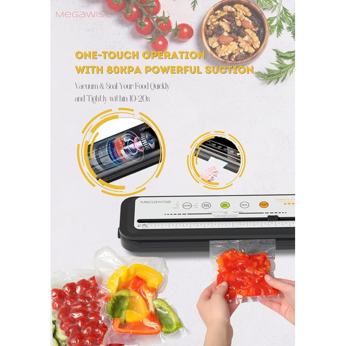 Вакууматор MegaWise — потужний компактний вакуумний пакувальник для продуктів з автоматичним режимом One-Touch, сріблястий