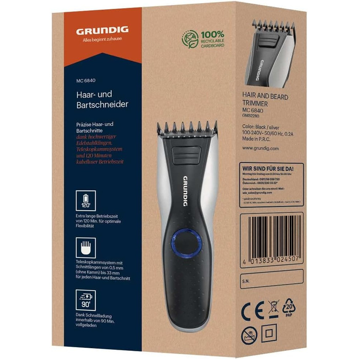 Машинка для стрижки волосся і бороди GRUNDIG MC6840, акумуляторна/мережева, LED, чорна/срібляста, довжина зрізу до 30 мм