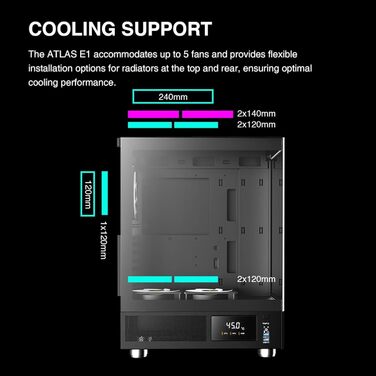 Корпус для ПК GAMDIAS Atlas E1 ATX Mid Tower з реальним монітором, 3 встановленими 120 мм ARGB вентиляторами, загартованим склом, високою вентиляцією, бічними отворами, чорний