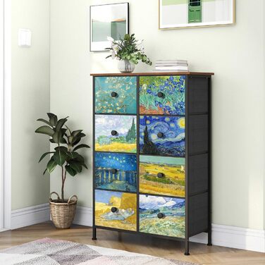 Вузька комод VEDECASA з 8 шухлядами Van Gogh для спальні, дитячої, вітальні, коридору, офісу, металевий каркас, дерев'яна стільниця, тканинні шухляди, 30×67×100 см