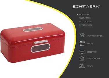 Металевий хлібниця Echtwerk Retro з віконцем, червона, 42,5x23,8x17 см, компактна коробка для зберігання хліба з кришкою