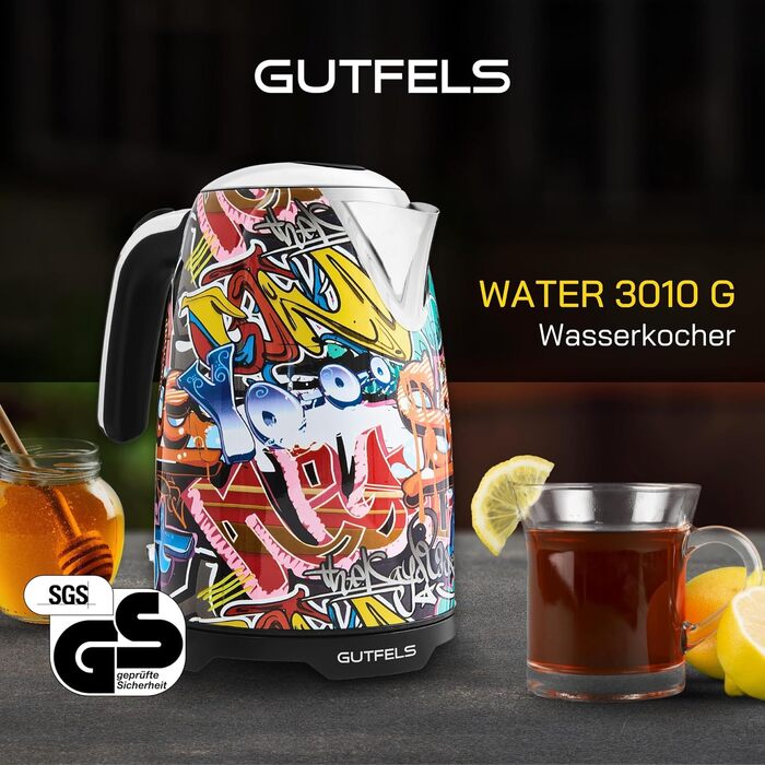 Електрочайник GUTFELS WATER 3010 G 1,7 л, 2200 Вт, захист від перегріву, підсвічування, стиль графіті