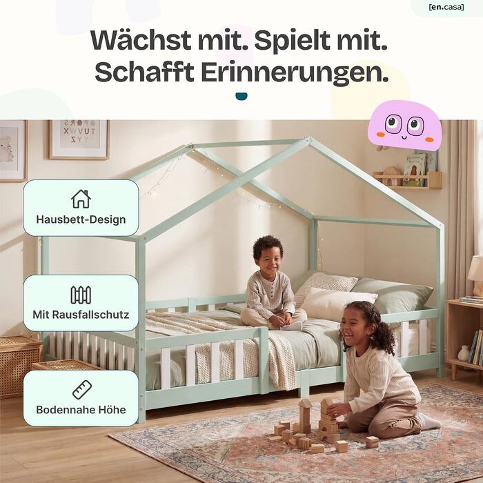 Дитяче ліжко-будинок Treviolo від en.casa, дерев'яне ліжко Монтессорі з бортиками та ламелями, сосна (М'ятний/Білий, 140 x 200 см)