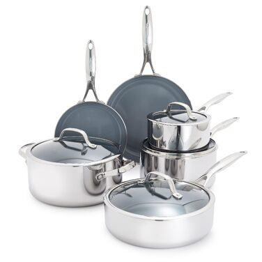Набір посуду GreenPan Valencia Pro Tri-Ply з нержавіючої сталі, 10 предметів: антипригарне керамічне покриття без PFAS/PFOA, для індукції, посудомийної машини, духовки