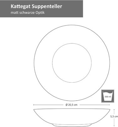 Набір глибоких тарілок MamboCat Kattegat, 6 шт., 500 мл, чорний матовий, для супу, салату, пасти, кераміка, 20,5 см