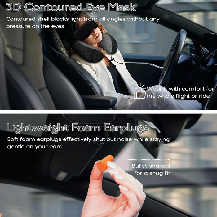 Подорожня подушка під шию з ефектом пам'яті (Memory Foam) для літака та авто, чорна, з 3D-маскою для сну та берушами
