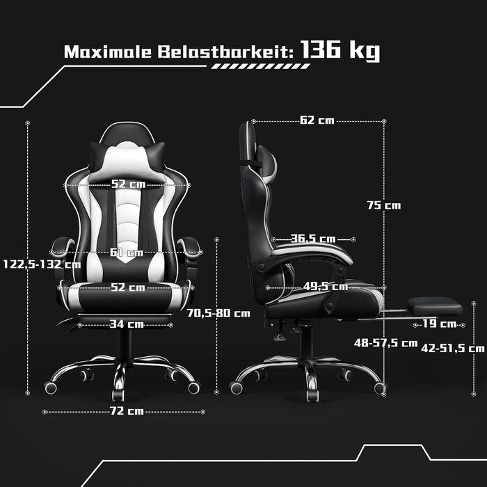 Ігровий крісло Yaheetech з масажем, комп'ютерне крісло з підніжкою, біле, регульована спинка 90-135°