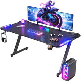 Ігровий стіл JUMMICO з RGB LED-підсвіткою, комп'ютерний стіл для геймерів та Home Office з тримачем для навушників та підстаканником, чорний (160x60 см)