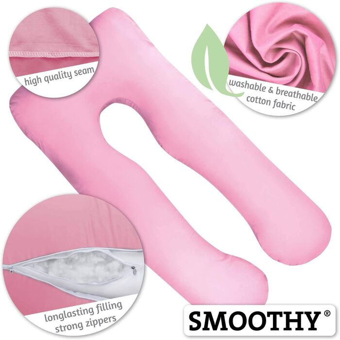 Подушка для вагітних SMOOTHY XXL U-подібна, для сну на боці, знімний чохол з 100% бавовни, 150x80 см, рожева