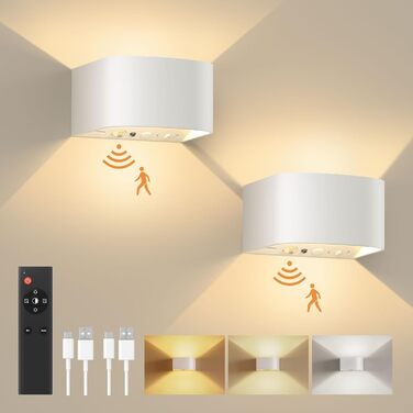 FULEN LED настінний світильник з акумулятором, датчиком руху, 3 кольори, 3 режими, бездротовий, з пультом, для спальні, вітальні, сходів, білий, 2 шт.