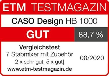 Блендер Caso HB 1000 Design, 1000 Вт, алюміній, сріблястий/чорний, з насадками: пюре, вінчик, мірний стакан, контейнер