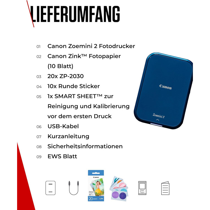 Canon Zoemini 2 Marineblau: Міні-принтер для фотографій, мобільний, компактний, з вбудованим акумулятором. Друкує фото 5x7,6 см зі смартфону/планшету. У комплекті: 20 шт. Zink паперу та 10 шт. круглих наліпок.