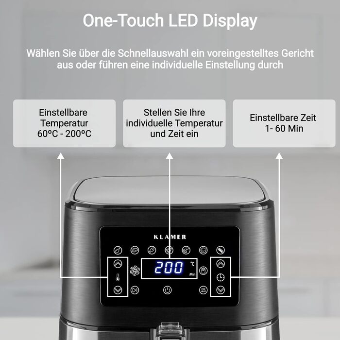 Аерофритюрниця KLAMER 5,5 л XXL, без олії, 1700 Вт, з LED-екраном, цифровою панеллю, німецькою кулінарною книгою, багатофункціональна, з нержавіючої сталі