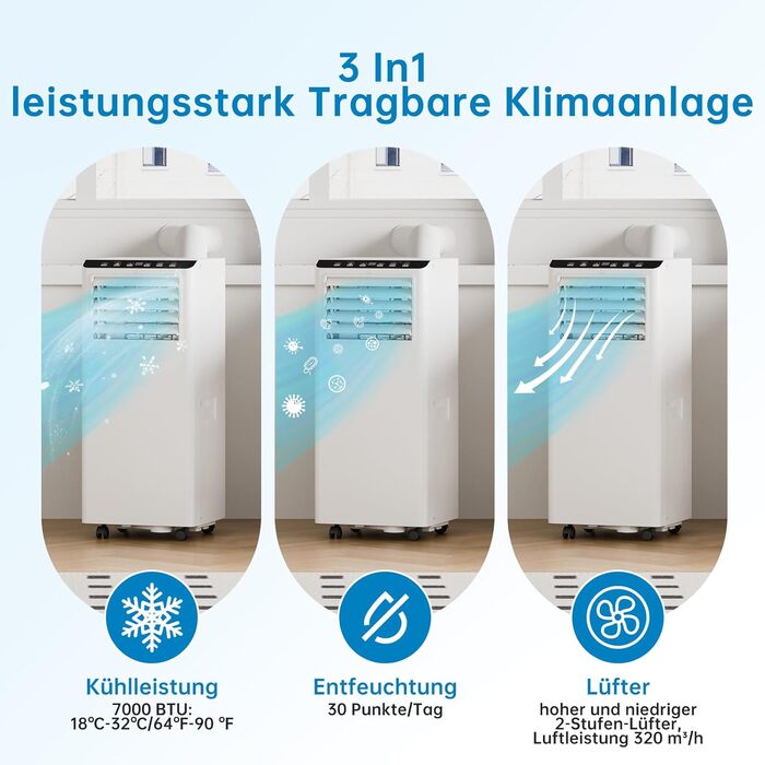 Мобільний кондиціонер 4-в-1 Leises 7000 BTU: охолодження, вентиляція, осушення, режим Follow-Me. Для приміщень до 51 м². З пультом, таймером на 24 год, дисплеєм.