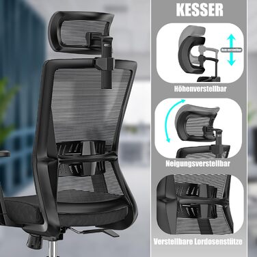 Офісне крісло KESSER з ергономічною спинкою, регульованими підлокітниками, підголівником, лордозною підтримкою, механізмом гойдання до 125°, 5 гумових коліс, чорне