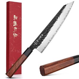 Професійний японський ніж Kiritsuke HEZHEN 21,5 см, кухонний ніж із 3-шарової дамаської сталі з восьмигранною ручкою з червоного дерева та дерев'яним чохлом