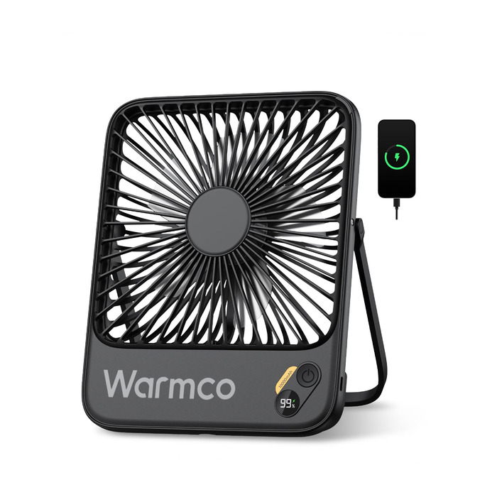 Вентилятор акумуляторний Warmco 10000mAh 21 см, до 24 год, чорний - для офісу, подорожей, спальні