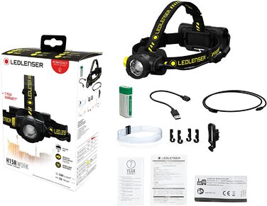 Налобний ліхтар Ledlenser H15R Work, 2500 люмен, LED, акумуляторний, IP67, високий CRI, фокусування, димер, дальність 250 м, з кріпленням на шолом та USB-магнітною зарядкою