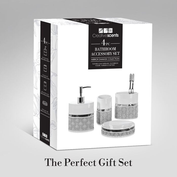 Набір аксесуарів для ванної кімнати Creative Scents – Білий та сірий, 4 предмети (дозатор мила, мильниця, тримач для зубних щіток, чашка)