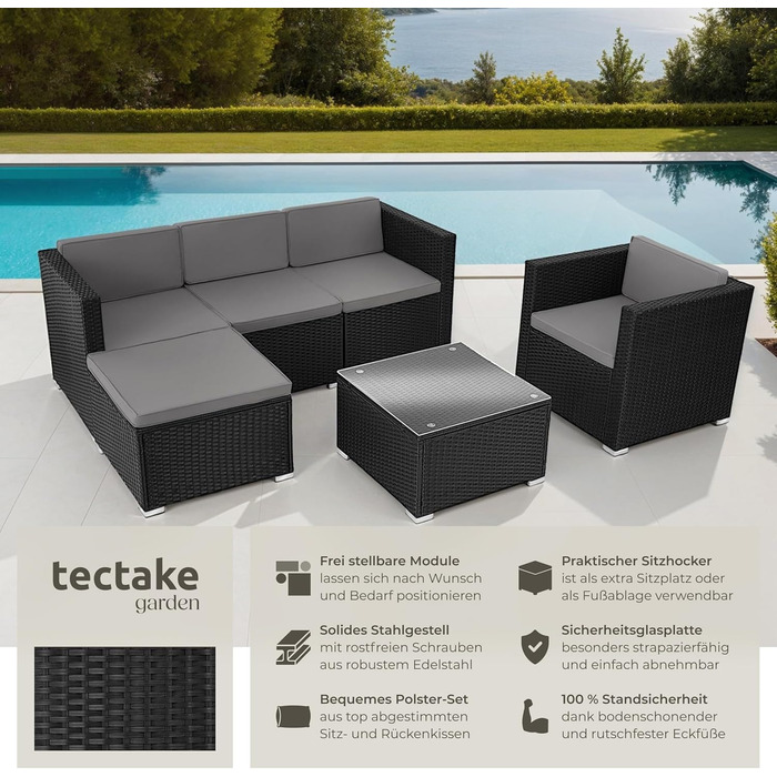 Комплект садових меблів tectake® з поліротанга: диван, крісло, пуф, стіл, чорний, для тераси, балкона та саду, 4-5 осіб, стійкі до погодних умов