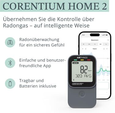 Airthings 325 Corentium Home 2: Радіометр радону з Bluetooth, датчики вологості та температури, портативний