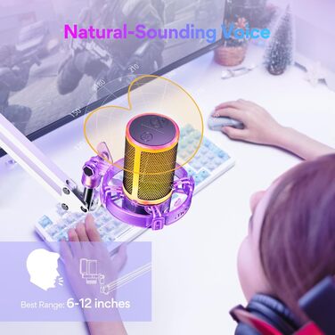 MAONO USB ігровий мікрофон з шумозаглушенням, RGB конденсаторний мікрофон для стрімінгу, подкастів, Twitch, YouTube, Discord, ПК, Mac, PS4, PS5, модель DGM20S, фіолетовий