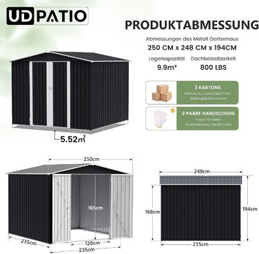 Садовий будинок UDPATIO металевий 4 м³ 228x121x181 см для вулиці, сталевий, з замком, сірий. Гараж для велосипедів, склад.