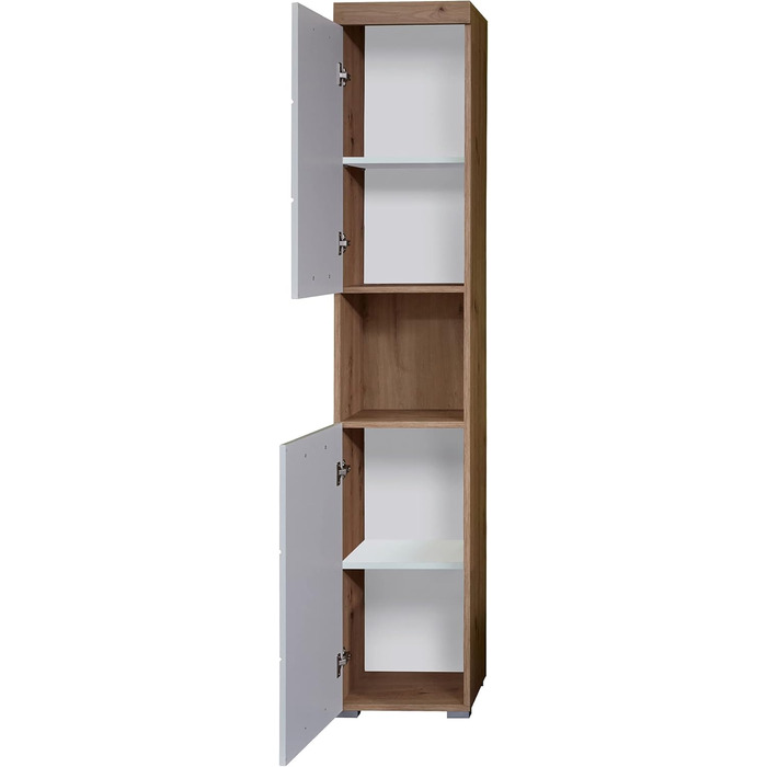 Високий шафа для ванної trendteam Amanda, 37x190x31 см, білий глянець з дубом, сучасний дизайн