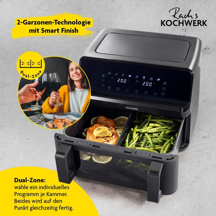 Аерофритюрниця Rachs KOCHWERK Vario-Doppelkammer 9 л з подвійною камерою, сенсорним керуванням та 8 програмами, 2700 Вт, чорна