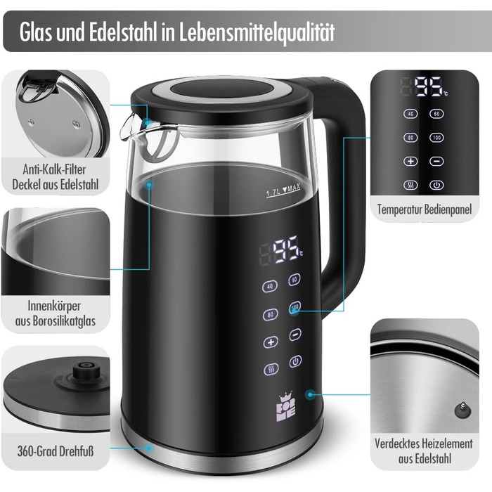 Електрочайник ForMe 1,7 л, скляний, з регулюванням температури 40-100°C, LED-дисплей, BPA Free, з функцією підтримки тепла