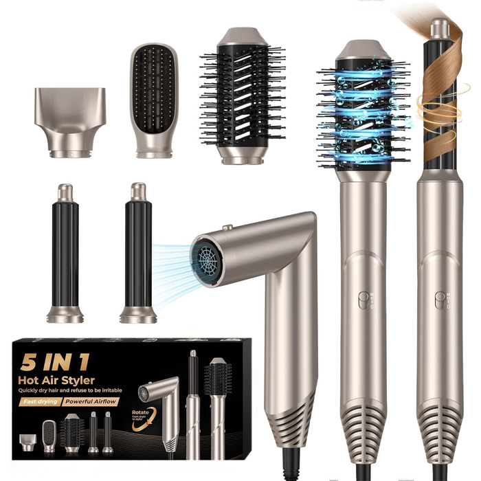 UKLISS Airstyler 5-в-1: Фен-щітка, стайлер для волосся з іонізацією, випрямляч, плойка для локонів, насадки для укладання. Золото-білий колір