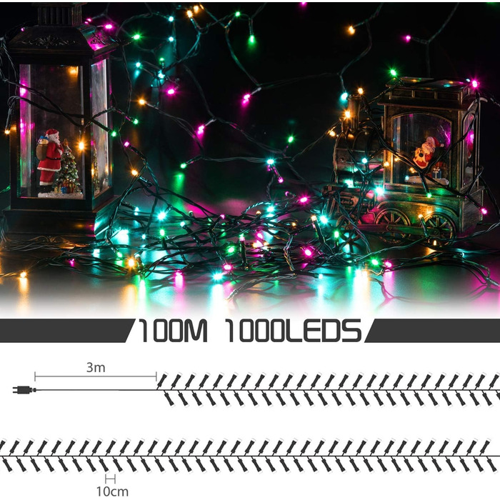 Світлодіодна гірлянда Avoalre 1000 LED для зовнішнього використання, різдвяна ілюмінація (100м, багатоколірна: рожевий, жовтий, синій, зелений)