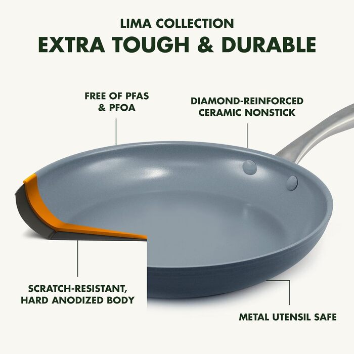 GreenPan Lima сковорода з керамічним антипригарним покриттям з нержавіючої сталі, з кришкою, 12 дюймів (30 см), сіра