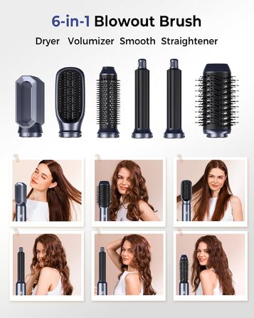 Багатофункціональний стайлер для волосся Haarstyler 6-в-1: фен-щітка, випрямляч, плойка, насадки для об'єму та локонів, блакитно-золотий