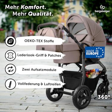 Дитяча коляска 3-в-1 Bergsteiger Capri – люлька, автокрісло i-Size, прогулянковий блок, повітряні колеса, амортизація, регульована ручка, складна, аксесуари (колір: коричневий, рама: антрацит)
