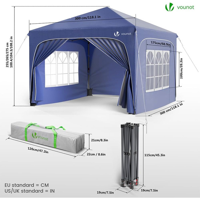 Альтанка VOUNOT® 3x3м з бічними стінками та мішками для фіксації, водонепроникний шатер для саду та вечірок, синій