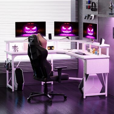 Ігровий стіл Devoko L-подібний 153x153 см з LED підсвічуванням, 2 розетками та 2 USB портами, кутовий комп'ютерний стіл з полицею для монітора, вугілляно-чорний