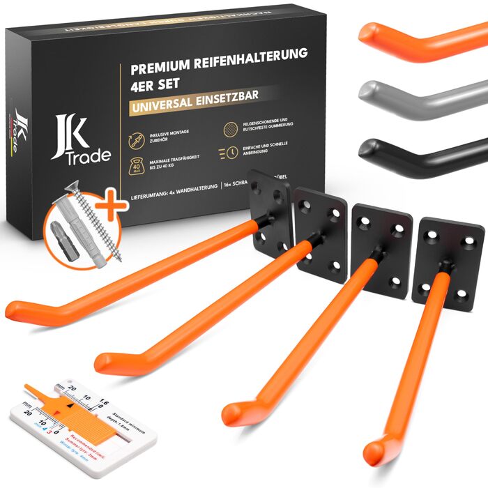 Набір кріплень для шин на стіну JK Trade® (4 шт.) з комплектом гвинтів та дюбелів. Захист для коліс, гачок для кріплення шин, садового інвентарю, легкосплавних дисків. Макс. навантаження 40 кг (Помаранчевий V1)