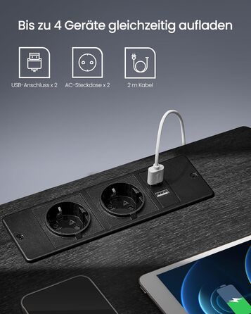 VASAGLE приліжковий столик з LED-підсвіткою, розетками та USB, сучасний, ящик, для спальні і вітальні, чорний