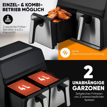 Аерофритюрниця ProfiCook 8 л з двома камерами, 2200 Вт, подвійна, без олії, кольоровий дисплей, модель 2024, чорна-нерж.