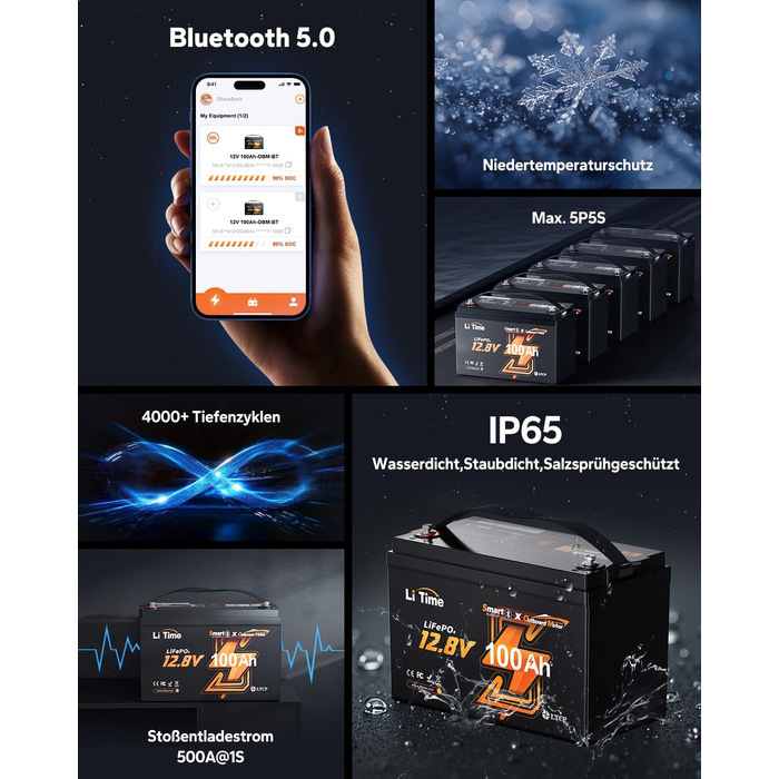 LiFePO4 акумулятор LiTime 12V 100Ah з Bluetooth для кемпінгу, житлових будинків та електромоторів човнів