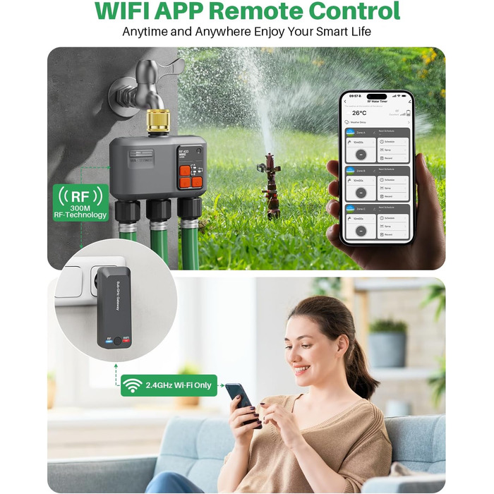 Розумний таймер поливу Johgee WiFi з радіоуправлінням 300м, сумісний з Alexa та Smart Life, для саду та газону (3 виходи, латунний вхід)