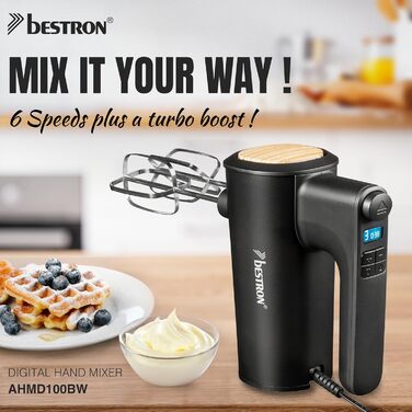 Міксер ручний Bestron Power з 6 швидкостями, Turbo-функцією та LCD-дисплеєм. В комплекті: 2 вінчики та 2 гачки для тіста. Вага: 1 кг, колір: чорний/дерево