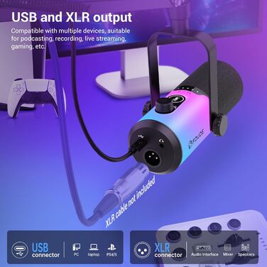 Ігровий мікрофон FDUCE з USB/XLR підключенням для стрімінгу, запису подкастів та ігор. RGB-підсвічування, регулювання чутливості, навушник, кріплення-павук (D20+)