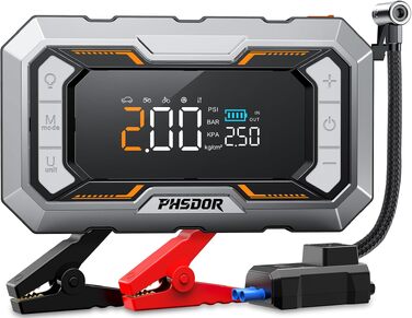 Пусковий пристрій (бустер) для авто 8000A з компресором 150 PSI та Powerbank 25000mAh, Jump Starter для бензинових та дизельних двигунів до 10.0L, з LED-ліхтарем (Помаранчевий & Сріблястий)